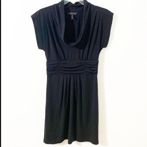 BCBGMaxAria Short Sleeve Cowl Neck Banded Waist Dress Draped Front Midi Length
